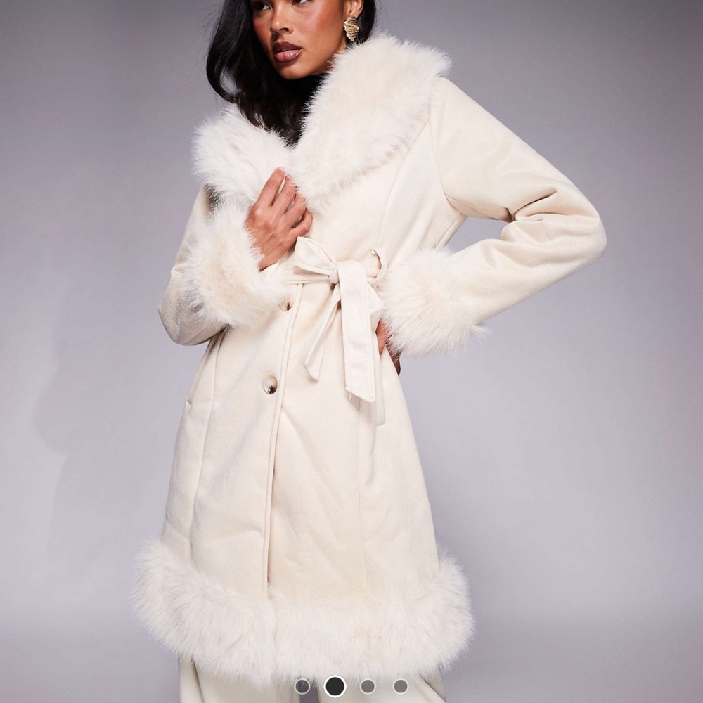 Princess Polly Cream Fur-Trimmed Trench Coat